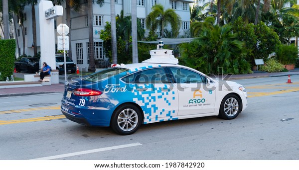Miami Beach, Florida USA -\
April 15, 2021: ford argo self-driving test vehicle autonomous\
transport