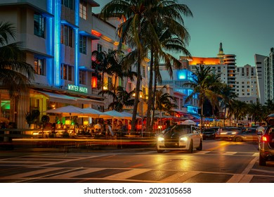 Miami Beach, Florida, USA - Aug 10, 2019: Night Life In South Beach Precinct