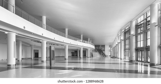 MIAMI BEACH, FLORIDA, USA - DECEMBER 14, 2018: Panorama Of An Empty Interior Of The Lobby Of The Contemporary Miami Beach Convention Center