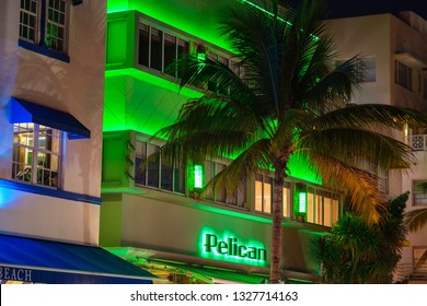 Miami Beach, Florida USA - February 28, 2019: Night Cityscape View Of The Classic Art Deco Hotel Architecture With Neon Lights On Popular Ocean Drive.