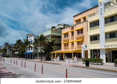 Miami Beach, Florida, USA - May 22, 2020: Ocean Drive Street. The City Of Miami. Art Deco Historic District In Miami Beach