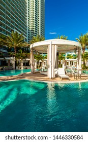 Miami Beach, Florida USA - October 3, 2012: The Beautiful Pool Area Of The Historic Art Deco Style Fontainebleau Hotel Designed In The 1950s.