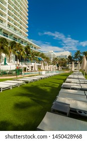 Miami Beach, Florida USA - October 3, 2012: The Beautiful Pool Area Of The Historic Art Deco Style Fontainebleau Hotel Designed In The 1950s.