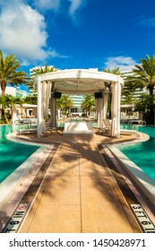 Miami Beach, Florida USA - October 3, 2012: The Beautiful Pool Area Of The Historic Art Deco Style Fontainebleau Hotel Designed In The 1950s.