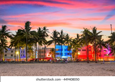 Miami Beach, Florida, USA on Ocean Drive at sunset.