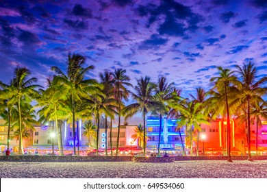 Miami Beach, Florida, USA On Ocean Drive At Sunset.