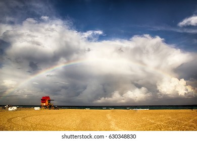 Miami Beach Lifeguard Tower After Storm With Rainbow.