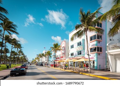 Miami Beach, Ocean Drive FL, USA - March 2, 2020: One of the most famous streets on east coast of USA. Morning vibes at Ocean Drive. Beautiful Art Deco Historic District.