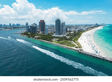 Miami Beach scene from drone, Florida, USA. Miami seaside. Aerial view of Miami Beach and cityscape. Coastline of Miami Beach, aerial view. Famous American landmarks. Summer travel in USA. - Powered by Shutterstock