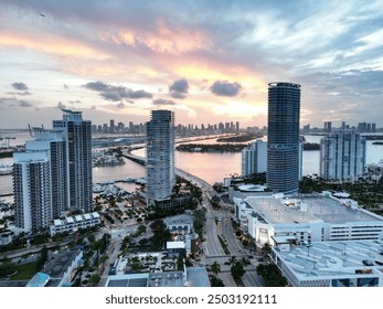 Miami Beach, South Beach at night. Miami seaside at dusk. Aerial view of evening Miami Beach and cityscape. Coastline of Miami Beach night shot from the air drone. - Powered by Shutterstock