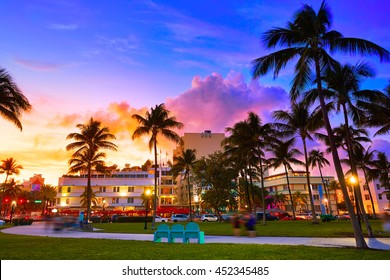 Miami Beach South Beach Sunset In Ocean Drive Florida Art Deco