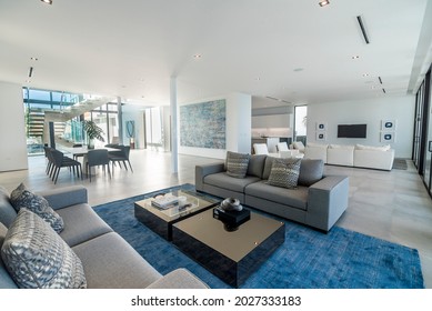 Miami Beach, USA - April 2020: Spacious Minimalist Interior Of A Living Area Of A Luxury Home In South Florida.