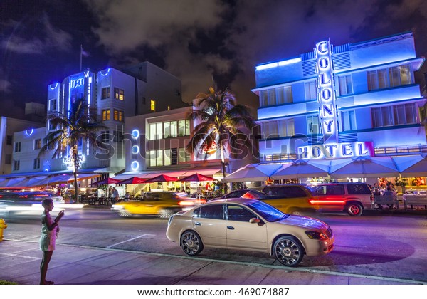 MIAMI BEACH, USA - AUG\
2, 2010:  Night view at Ocean drive  in Miami Beach, Florida. Art\
Deco Night-Life in South Beach is one of the main tourist\
attractions in Miami.