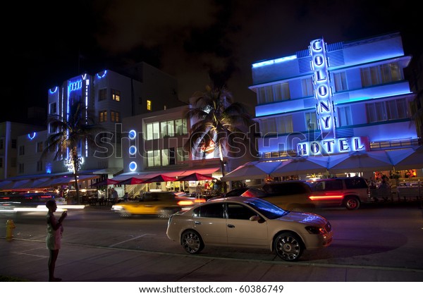 MIAMI BEACH,\
USA - AUGUST 02: Night view at Ocean drive on August 02,2010 in\
Miami Beach, Florida. Art Deco Night-Life in South Beach is one of\
the main tourist attractions in\
Miami.