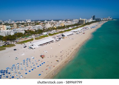 MIAMI BEACH, USA - FEBRUARY 26, 2017: Aerial Image Of The Annual South Beach Wine And Food Festival Along Ocean Drive