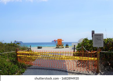 Miami Beach, USA - March 25th, 2020: South Beach Is Closed Down By Order Of The Governor Due To 2020 Coronavirus Pandemic. Empty Cruise Ships Anchored Offshore Due To Cancellation Of All Cruises