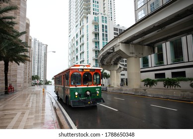 MIAMI BEACH, USA - MAY, 2020: Miami Trolley free public transportation on Avenue. Downtown of the city of Miami, US