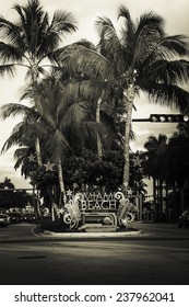 Miami Beach welcome sign with christmas decoration, Florida- vintage view