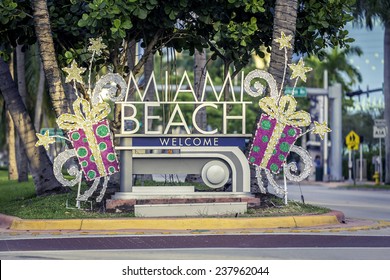 Miami Beach welcome sign with christmas decoration, Florida