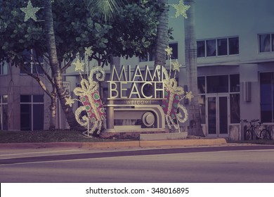 Miami Beach Welcome Sign With Christmas Decoration, Florida. Vintage Colors