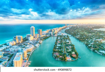 Miami Beach, wonderful aerial view of buildings, river and vegetation. - Shutterstock ID 490898872
