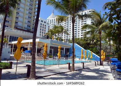 Miami Beach,Florida,U.S.A. 3 April 2020.  An Empty Swimming Pool In A Closed Miami Beach Hotel Necessitated By The Coronavirus Medical Emergency.