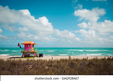 Miami Beachfront View. Lifegard Tower On The Beach In Miami, Florida