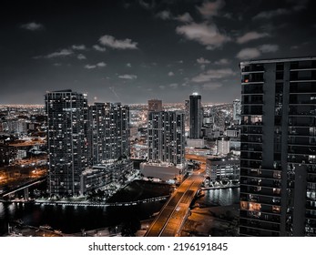 Miami Brickell, Amazing Aerial Night View On Bright Skyscrapers