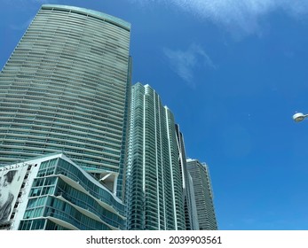 Miami Buildings At Noon In Downtown In Front Of Bayfront Park