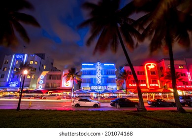 MIAMI - CIRCA JUNE 2014: Ocean Drive Neon At Night