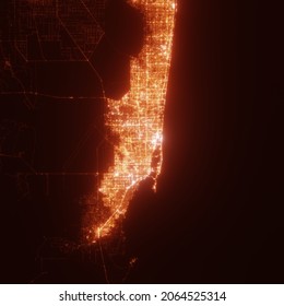 Miami City Lights Map, Top View From Space. Aerial View On Night Street Lights. Global Networking, Cyberspace. High Resolution