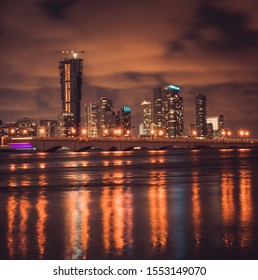 miami city night water lights sea buildings bridge