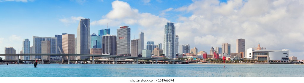 Miami City Skyline Panorama Over Sea