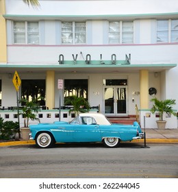 MIAMI - DEC 24: 1957 Ford Thunderbird In Front Of Art Deco Style Avalon Hotel In Miami Beach On December 25th, 2012 In Miami, Florida, USA