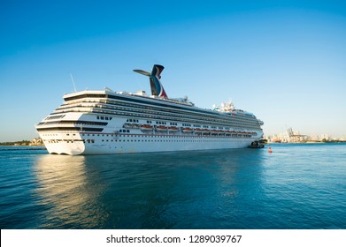 MIAMI - DECEMBER 21, 2018: The Carnival Liberty Cruise Ship Arrives At PortMiami At The Dawn Of The Busy Holiday Season.