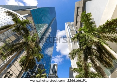 Miami downtown financial skyline and business shopping center near Biscayne bay and South beach.