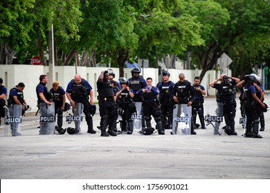 Miami Downtown, FL, USA - JUNE 12, 2020: Police Officers In The US Are Ready Before The Protests. US Police Reform. Black Lives Matter