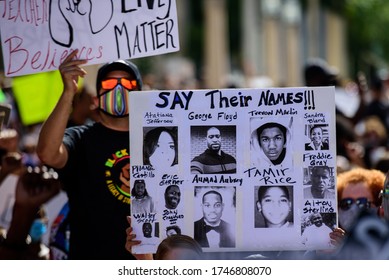 Miami Downtown, FL, USA - MAY 31, 2020: George Floyd, Tamir Rice, Atatiana Jefferson, Trayvon Martin, Ahmed Aubrey, Eric Garner, Sandra Bland, Freddie Gray, Alton Sterling Poster. US People Protest