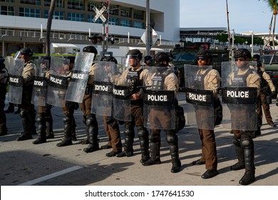 Miami Downtown, FL, USA - MAY 31, 2020: US Police And Military Transport Equipment. Troubled Times And Mass Protests. Protection And Security