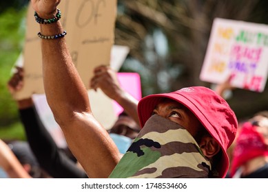 Miami Downtown, FL, USA - MAY 31, 2020: Black People At Mass Protests In The US. Hand Up For A Demonstration