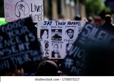 Miami Downtown, FL, USA - MAY 31, 2020: George Floyd, Tamir Rice, Atatiana Jefferson, Trayvon Martin, Ahmed Aubrey, Eric Garner, Sandra Bland Poster. Say Their Names. Victims