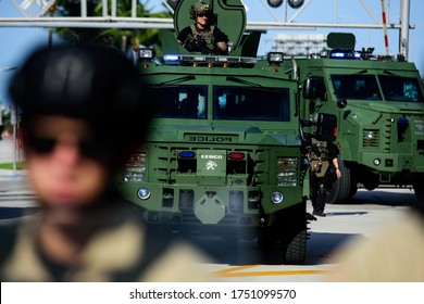 Miami Downtown, FL, USA - MAY 31, 2020: US Police And Military