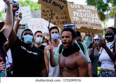 Miami Downtown, FL, USA - MAY 31, 2020: Black Lives Matter. Many American People Went To Peaceful Protests In The US Against The George Floyd Death: People Are Protesting. White And Black Together