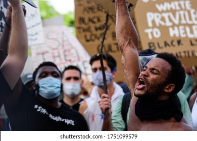 Miami Downtown, FL, USA - MAY 31, 2020: Violent Protests Over The Death Of George Floyd In Police Custody. U.S. Cities Fear More Destruction As Protesters Rage Against Police Brutality