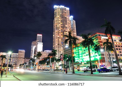 Miami Downtown Street View At Night With Hotels.