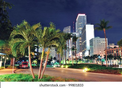 Miami Downtown Street View At Night With Hotels.