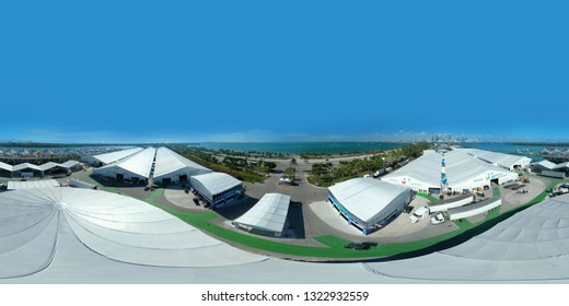 MIAMI - FEBRUARY 15, 2019: Aerial Spherical 360 Panorama Of The Miami Yacht Show Key Biscayne Marine Stadium