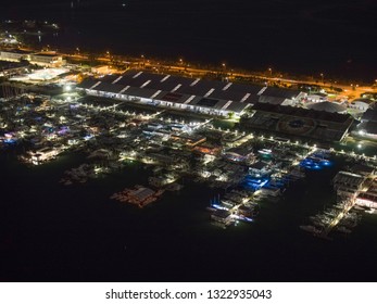 MIAMI - FEBRUARY 15, 2019: Aerial Night Photo Miami Boat Show Key Biscayne Marine Stadium