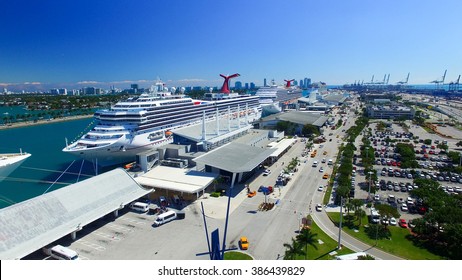 MIAMI - FEBRUARY 27, 2016: Cruise ships in Miami port. The city is a major destination for cruise companies
