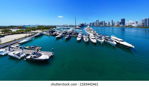 MIAMI, FL -18 MAY 2022- View Of Yachts In A Marina With The Downtown Miami Skyline In The Background.